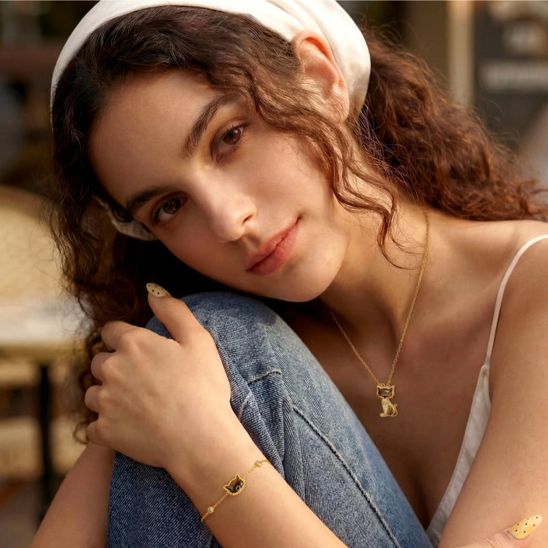 Collier en pierre naturelle Œil de tigre — Chat porte-bonheur pour votre bien-aimée