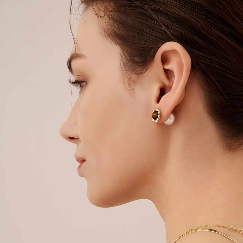 Boucles d'oreilles en pierres naturelles Œil de Tigre et perles d'eau douce, nouvelles boucles d'oreilles double-face