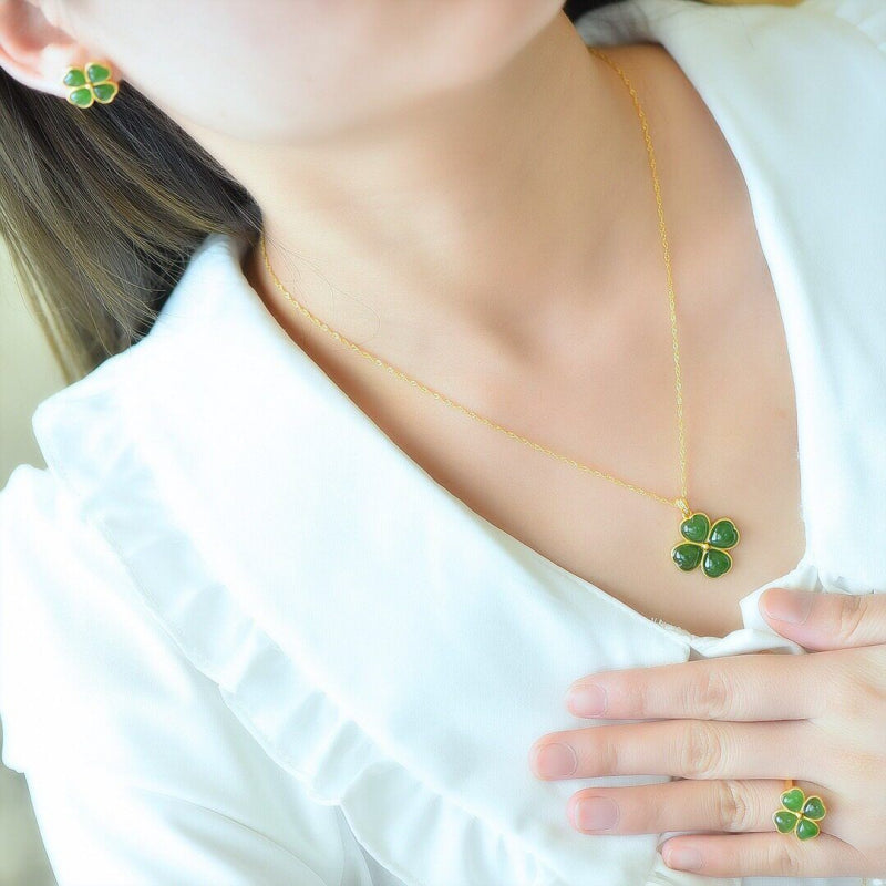Four‑Leaf Clover Hetian Jade Necklace Earrings Ring Jewelry Set - Good Fortune & Beauty