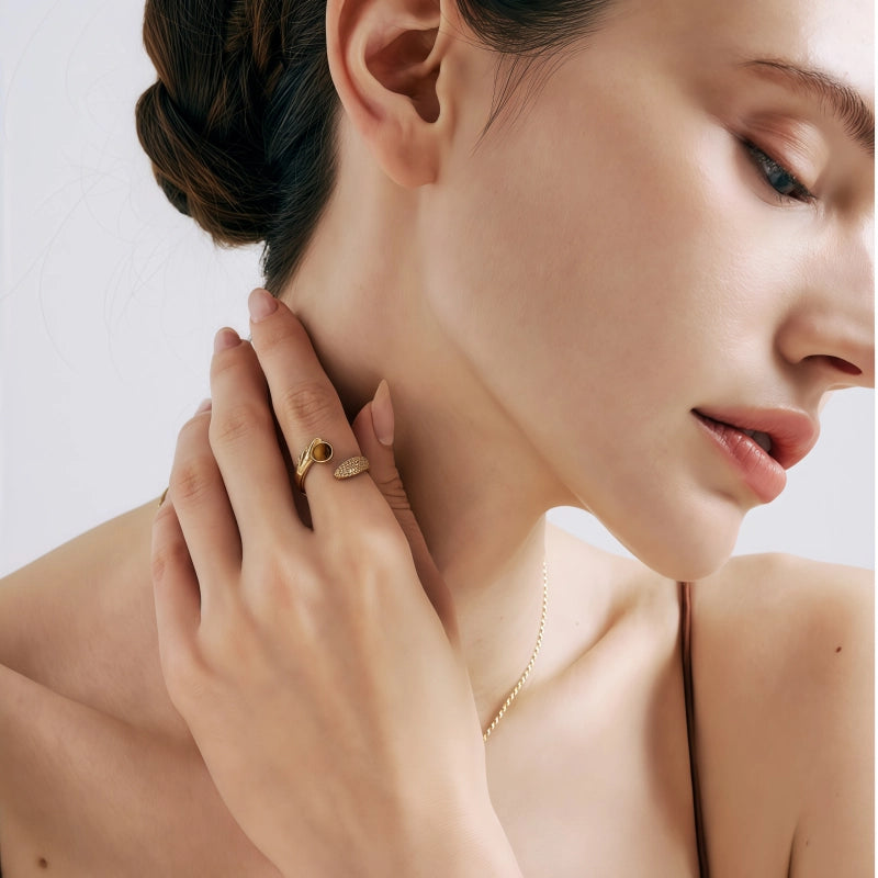 Bague Œil de Tigre Naturel, Zircon de Luxe Léger, Design Niche, Bague Ouverte pour Index