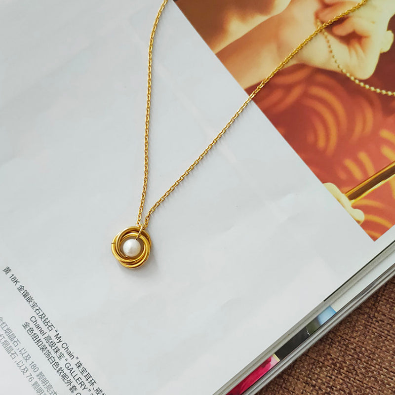 Minimalist Triple-Ring Pearl Setting Necklace | 60th Birthday Keepsake Jewelry