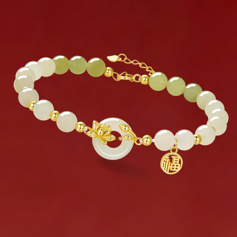 Natural Hetian Jade Lotus Peace Buckle Bracelet, Gift for Peace Wishes