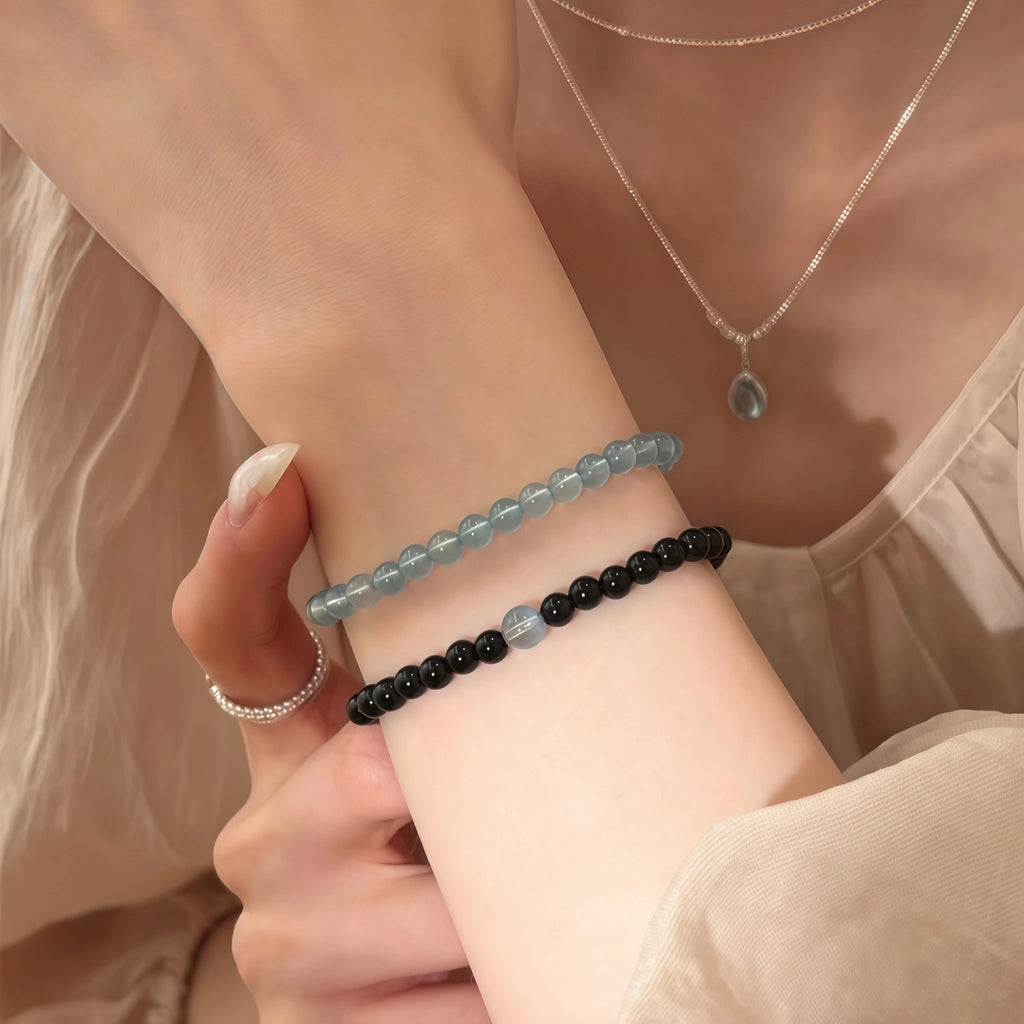 Smooth Round Bead Aquamarine Obsidian Bracelet - Serenity & Protection