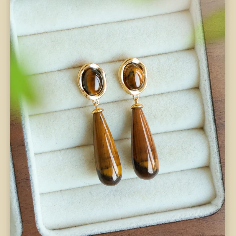 Boucles d'oreilles goutte d'eau œil de tigre naturel — attire la richesse et protège