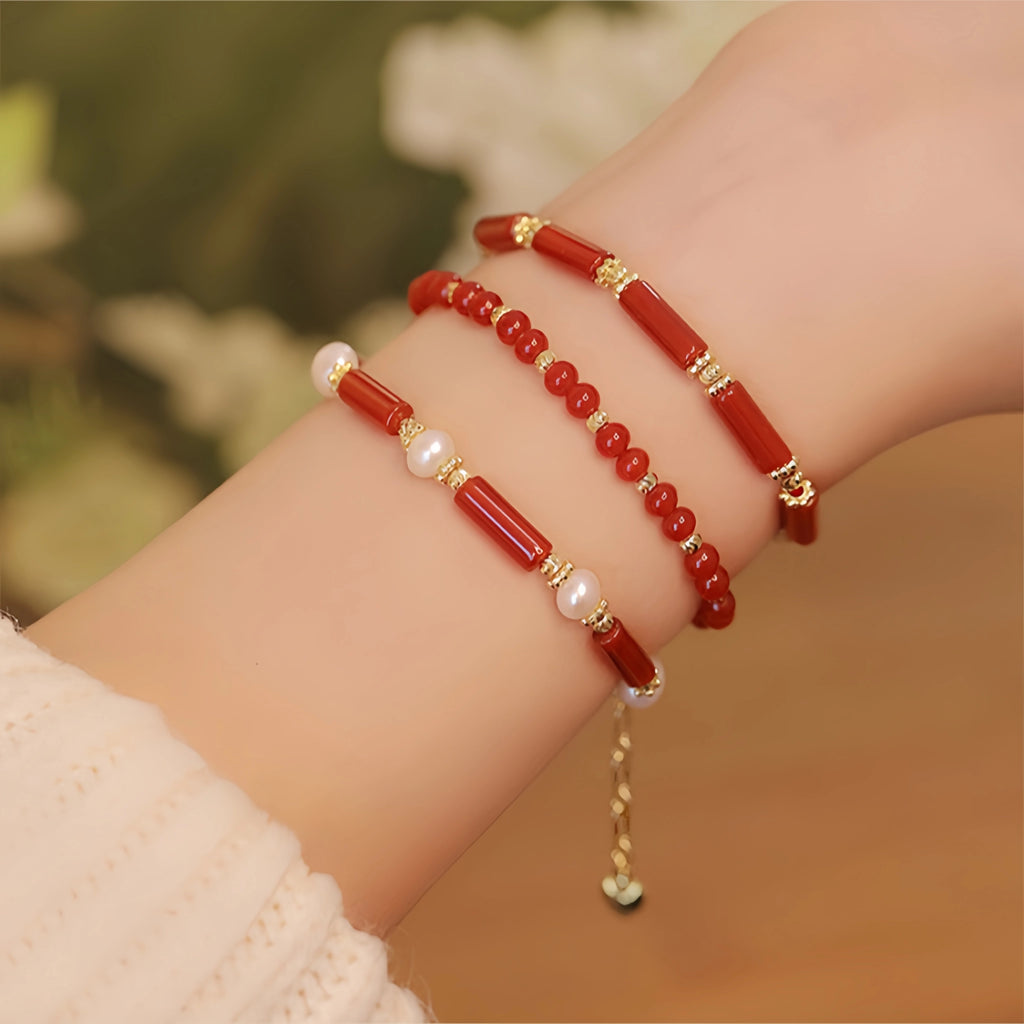 Red Agate & Pearl Stackable Bracelet with Bamboo Charm - Growth & Calm
