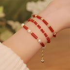 Red Agate & Pearl Stackable Bracelet with Bamboo Charm - Growth & Calm