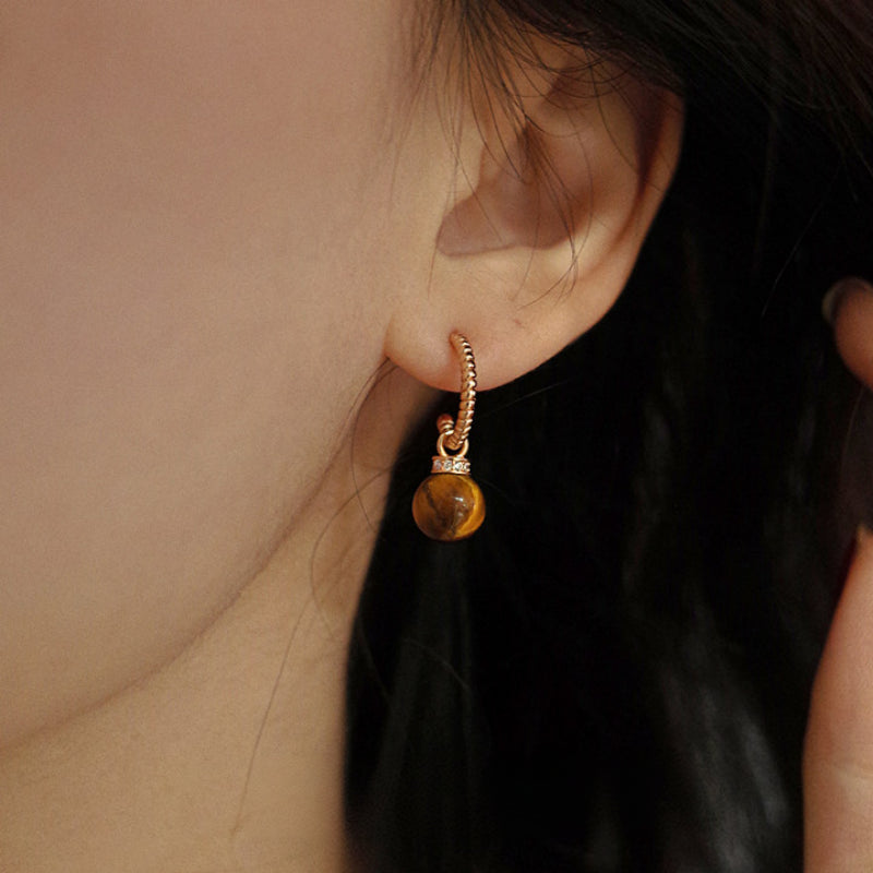C-Shape Tiger Eye Two-Wear Earrings, Niche Vintage Maillard Crystal Jewelry for Wealth