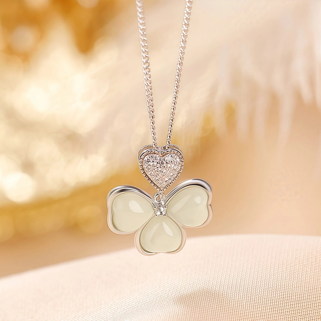 Heart Hetian Jade Four-Leaf Clover Necklace - Purity & Peace