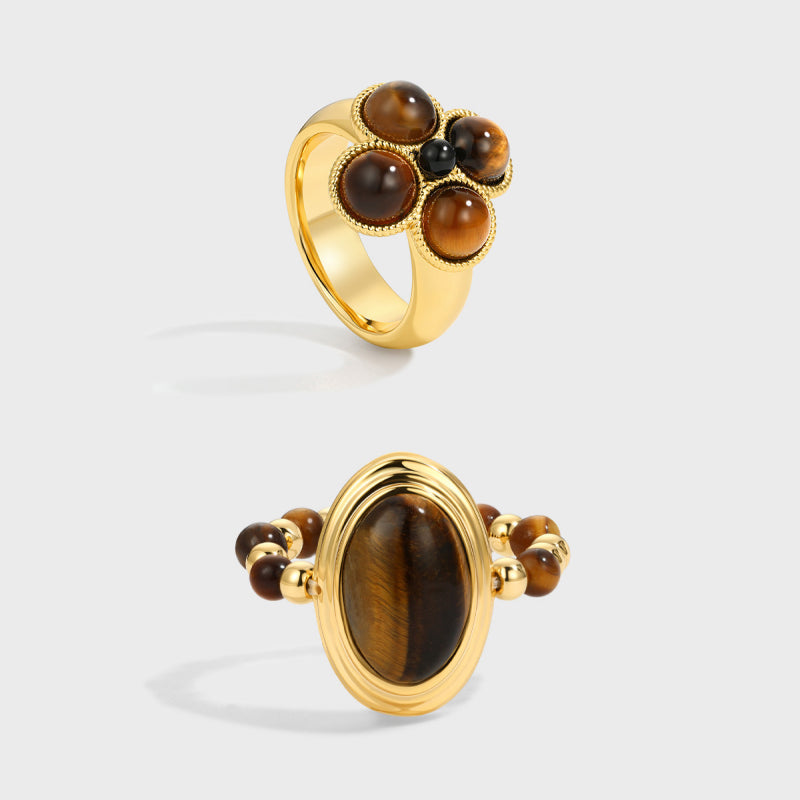 2pcs Set Gilded Four-Petal & Oval Tiger's Eye Ring - Talisman Attract Wealth, Boost Career & Repel Negative Energy