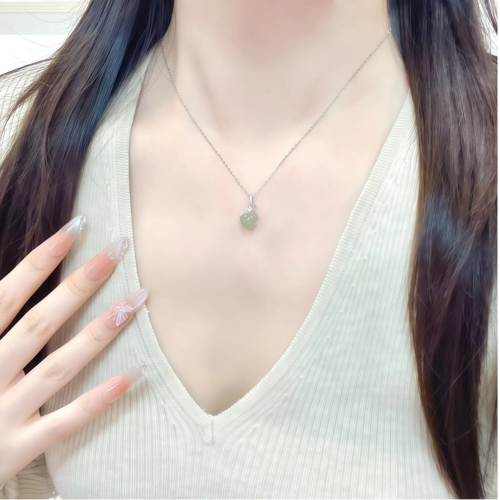 Elegant Hetian Jade Bead Silver Necklace - Calm & Protection