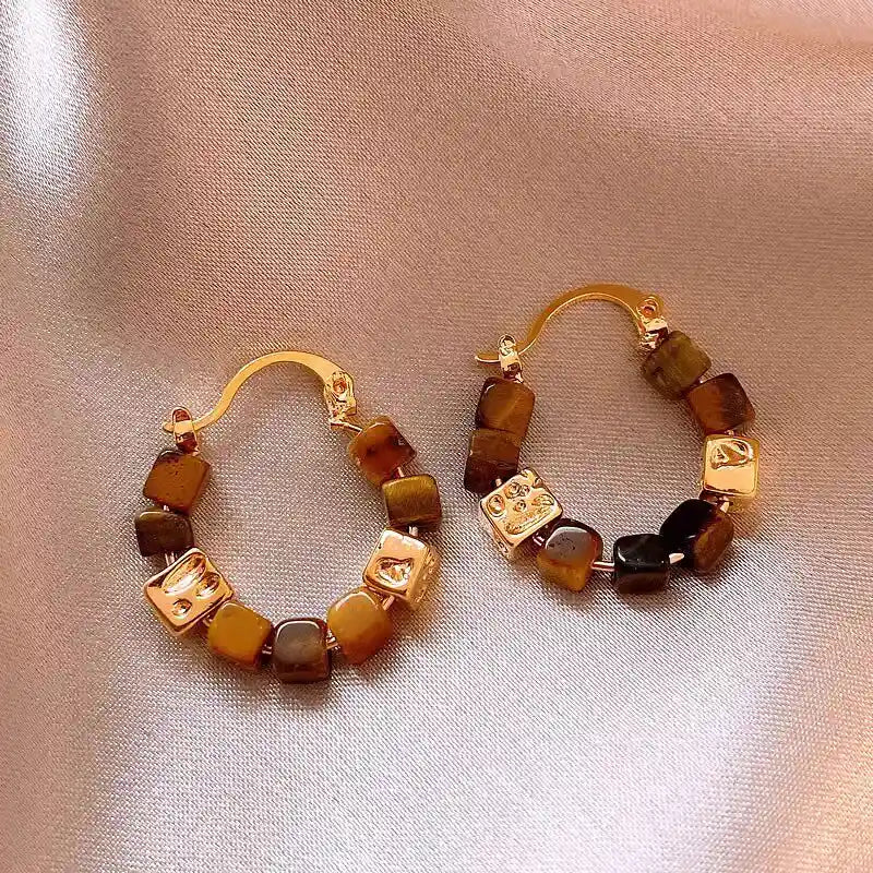 Boucles d'oreilles Œil de tigre naturel, perles carrées Maillard, boucle Resolve - Attire la richesse