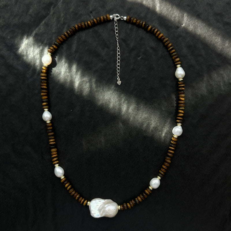 Irregular Baroque Pearl Natural Tiger Eye Stone Necklace — Gift for Mom