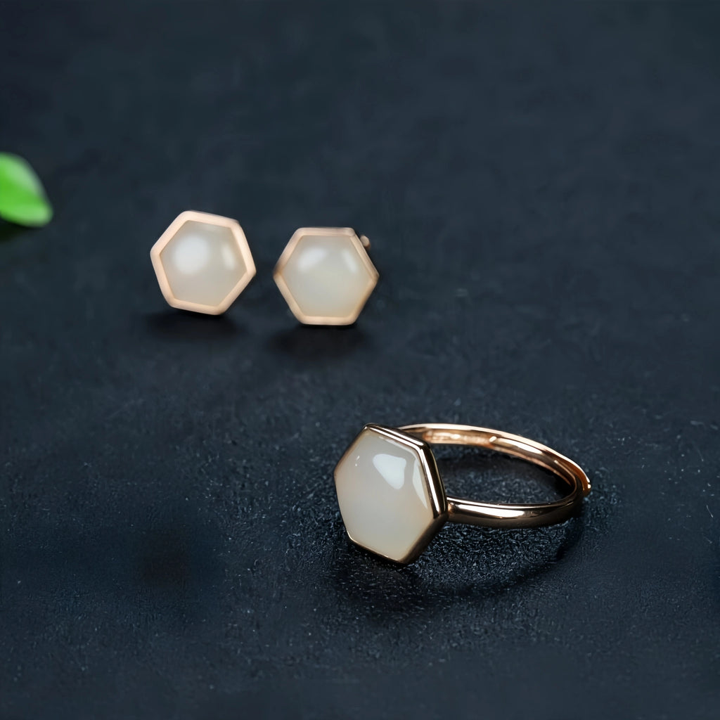 Natural Hetian Jade Hexagonal Ring & Earrings Set - Nurture Body & Soul