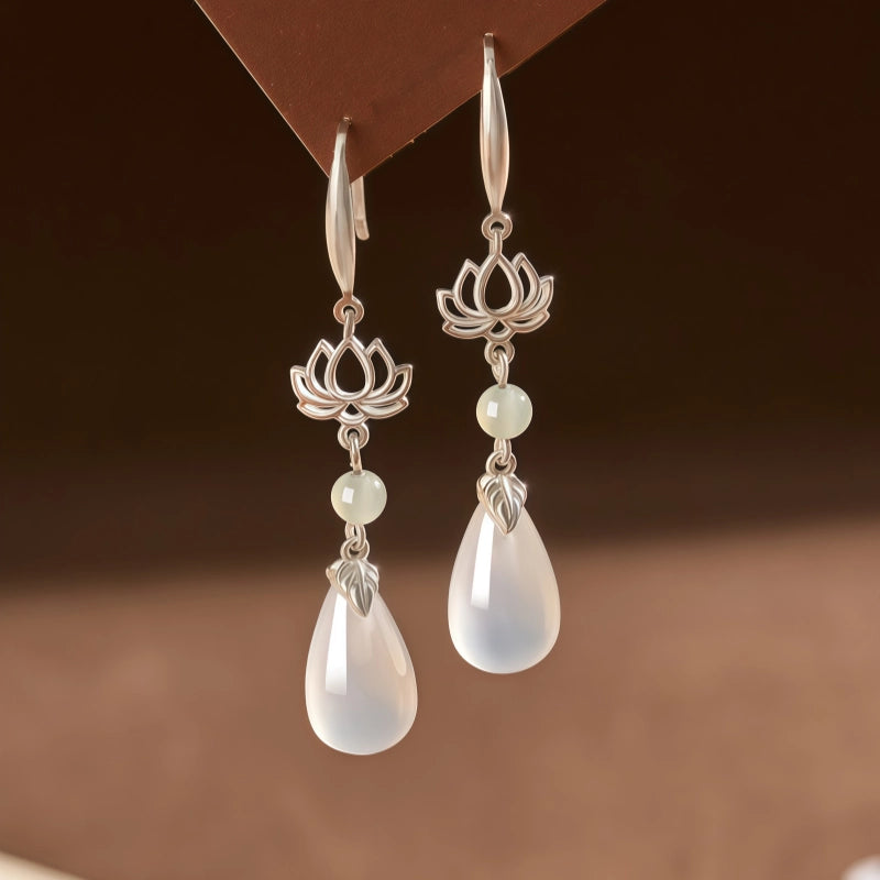 Natural Hetian Jade Lotus Earrings - Find Calm, Pure Soul