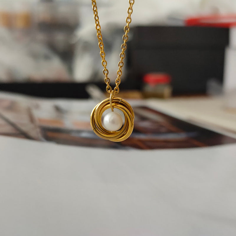 Minimalist Triple-Ring Pearl Setting Necklace | 60th Birthday Keepsake Jewelry