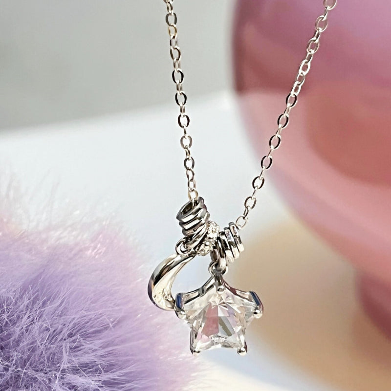 Moon&Star Natural Citrine/Clear Quartz Necklace - Attracts Wealth, Purifies Aura