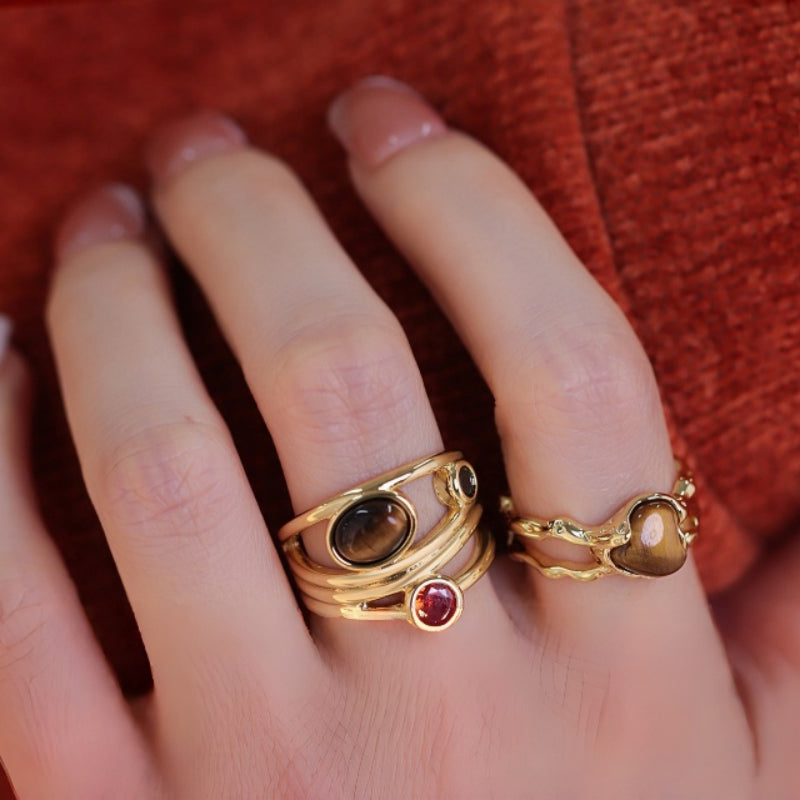 Bague Cœur Œil de Tigre - Apaise l'Esprit et Repousse les Perturbations Extérieures