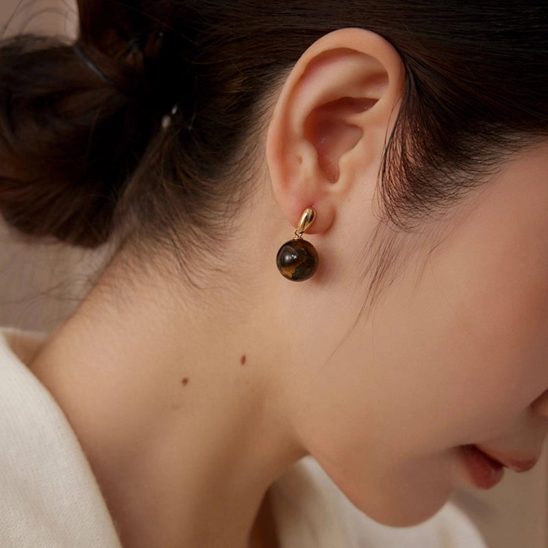 Boucles d'oreilles Œil de Tigre Naturel, Style Minimaliste Vintage - Attire la Richesse