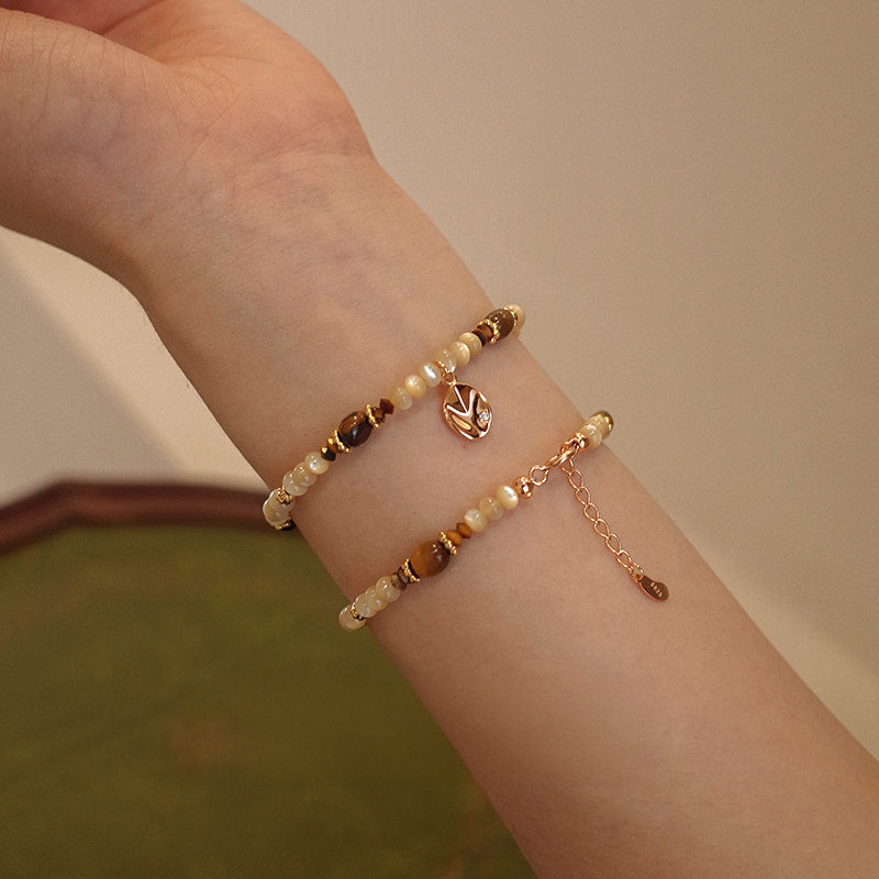Tiger Eye & Shell Bead Bracelet for Women, Adjustable Extension Chain with Leaf Pendant