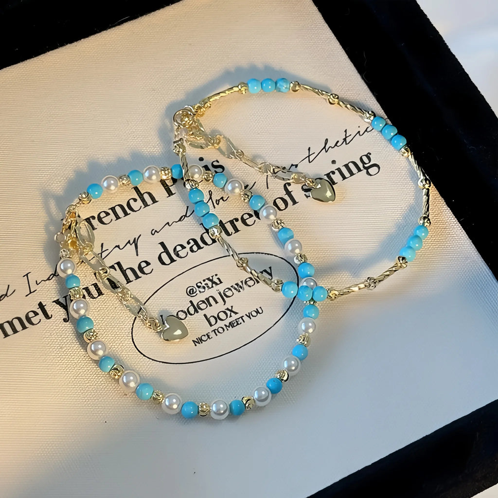 Natural Turquoise & Pearl Stackable Bracelet - Ease Stress & Vintage Elegant Vibe