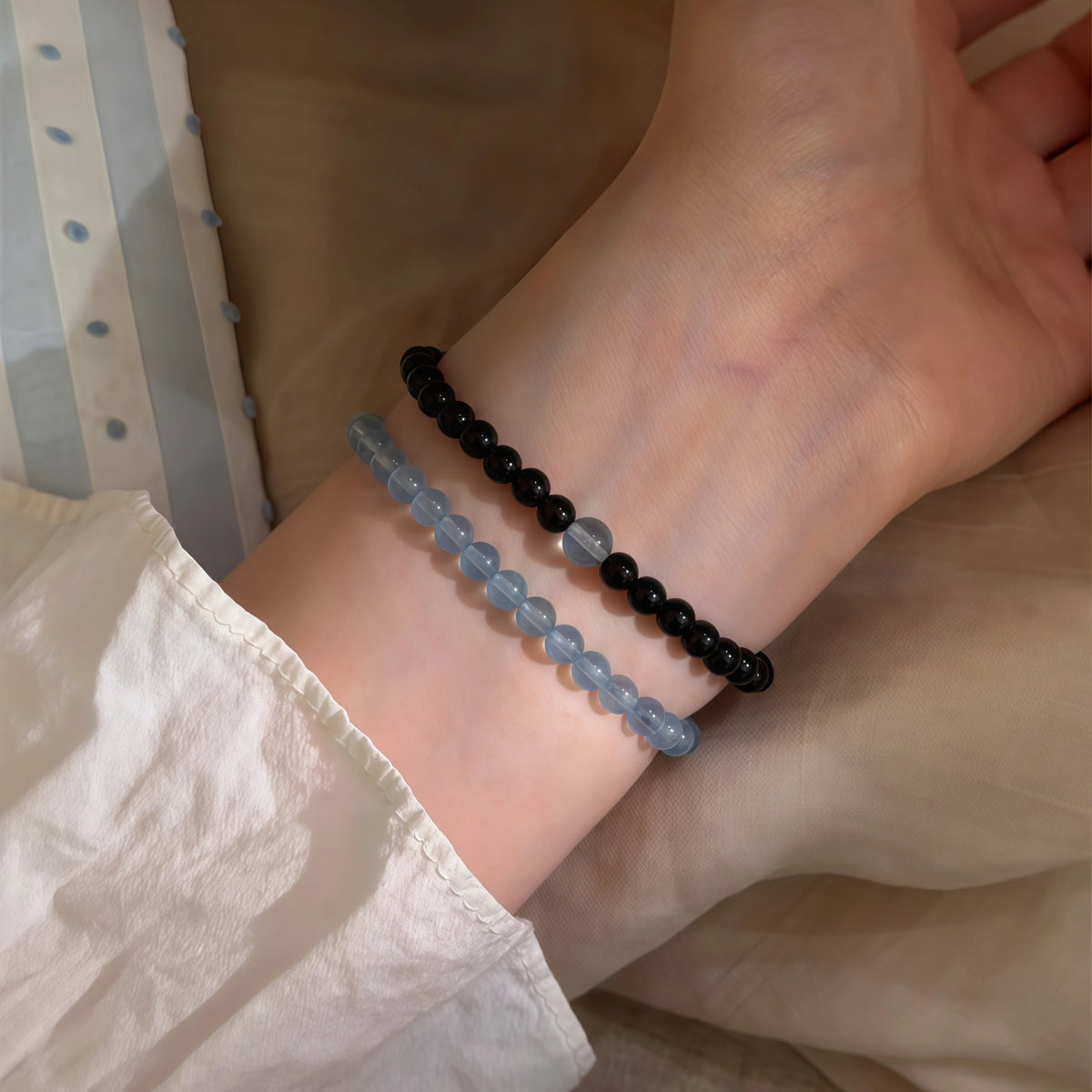 Smooth Round Bead Aquamarine Obsidian Bracelet - Serenity & Protection