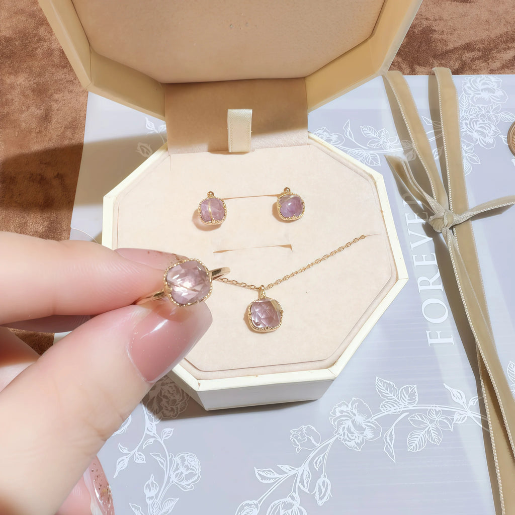 Faceted Square Rutilated Quartz & Amethyst Rose Gold Gift Box Set - Strengthen Personal Aura