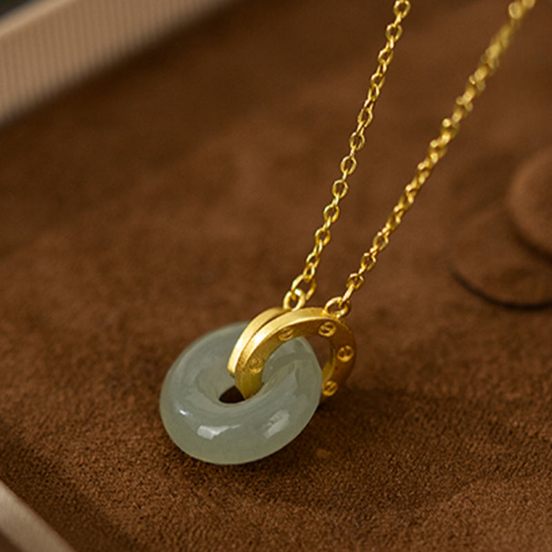 Interlocking Jade Ping An Lock Necklace, Oriental Peace Symbol Jewelry