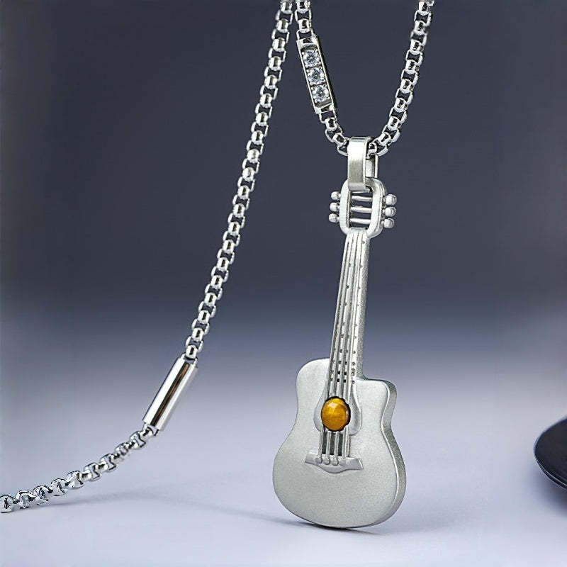 Natural Tiger Eye Stone Necklace — Personalized Guitar Pendant for Boyfriend