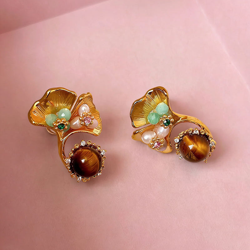 Natural Tiger Eye Earrings, Lumina Tigeris Maillard Golden Flower, Women Gift