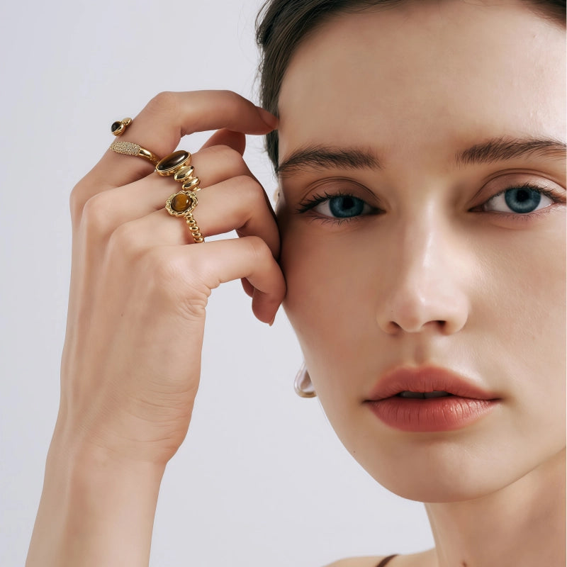 Bague en pierre naturelle œil de tigre torsadée vintage pour femme - Éloigne la négativité