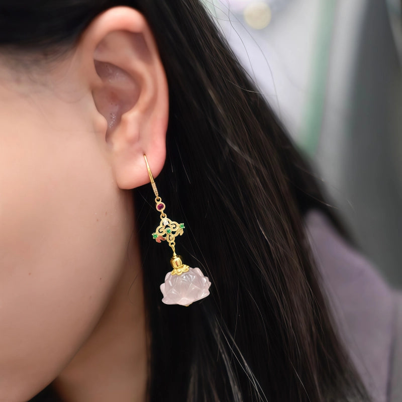 Boucles d'oreilles en cristal rose naturel, gouttes de lotus