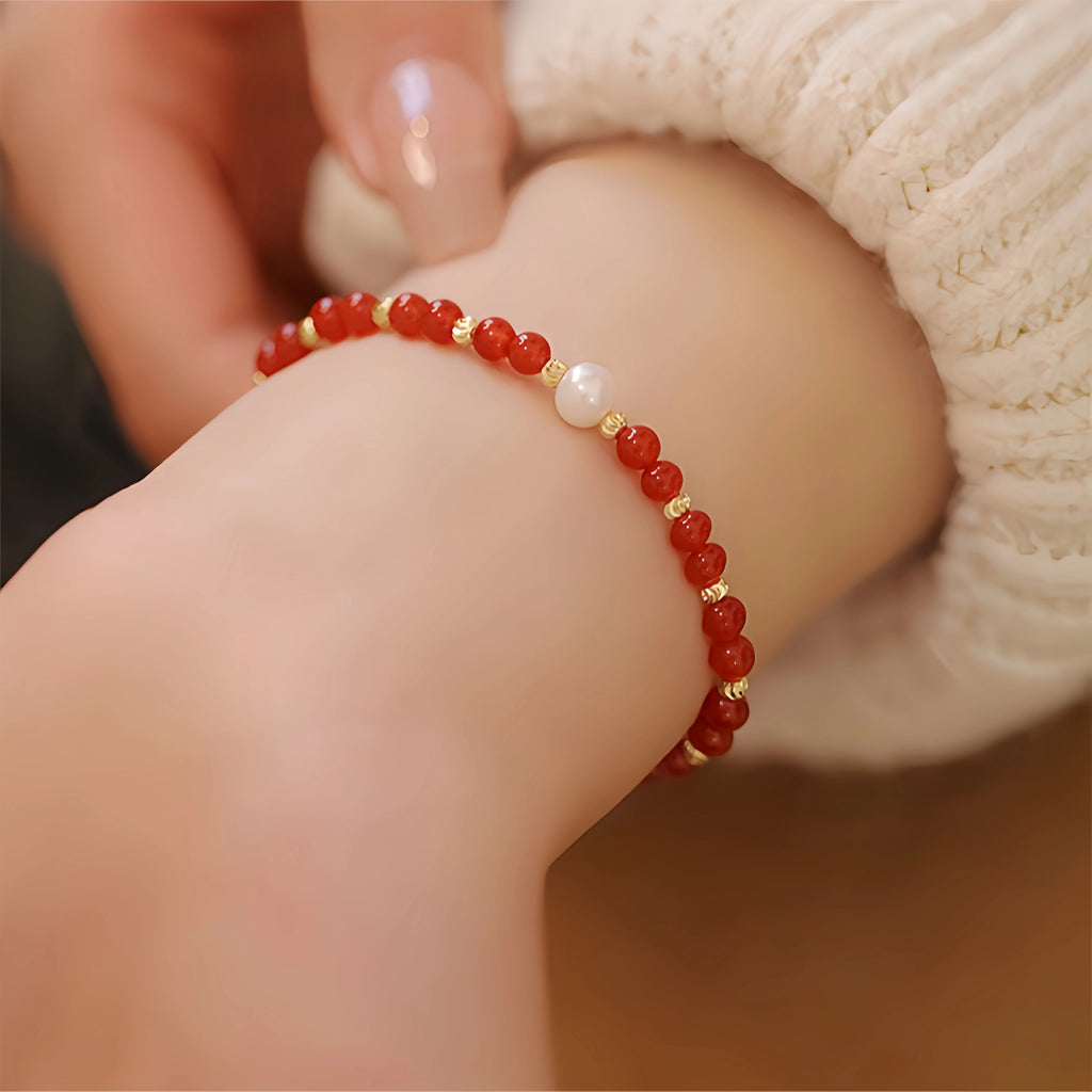 Red Agate & Pearl Stackable Bracelet with Bamboo Charm - Growth & Calm