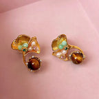 Boucles d'oreilles Œil de Tigre naturel, Lumina Tigeris Maillard Fleur Dorée, Cadeau Femme