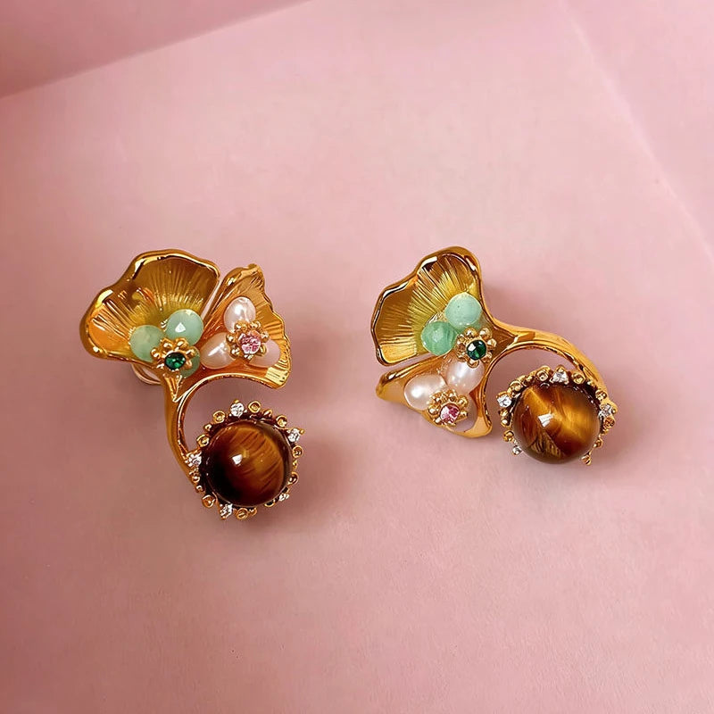 Boucles d'oreilles Œil de Tigre naturel, Lumina Tigeris Maillard Fleur Dorée, Cadeau Femme