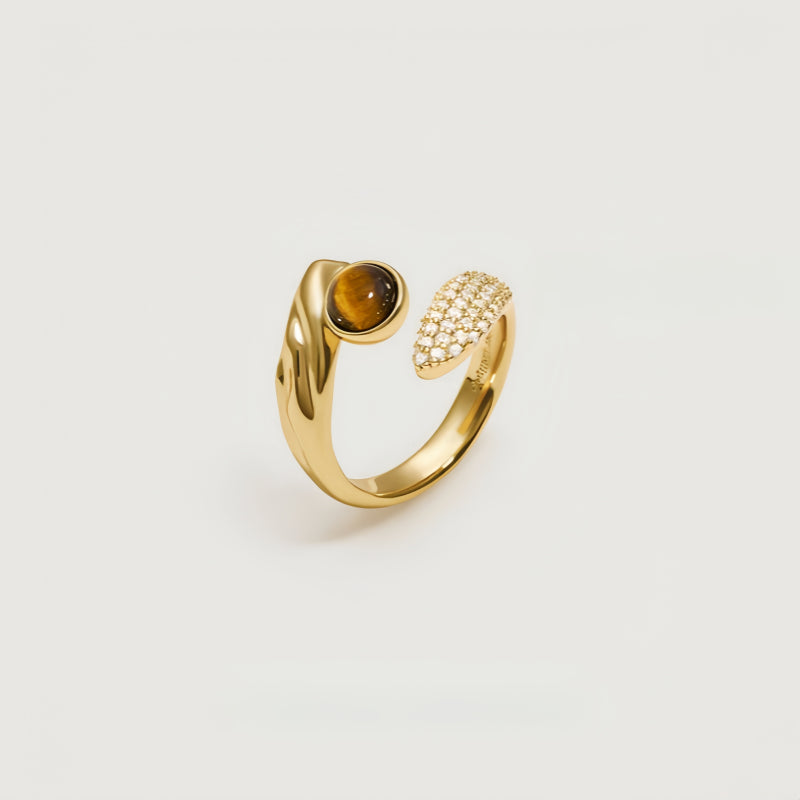 Bague Œil de Tigre Naturel, Zircon de Luxe Léger, Design Niche, Bague Ouverte pour Index