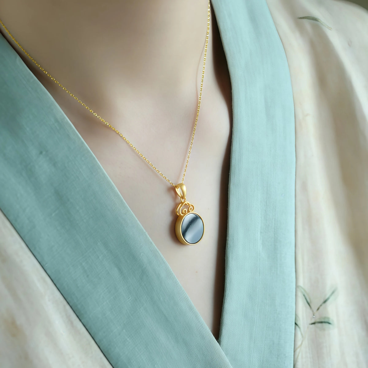 Natural Black Hetian Jade Auspicious Cloud Round Tablet Necklace - Protection & Wholeness