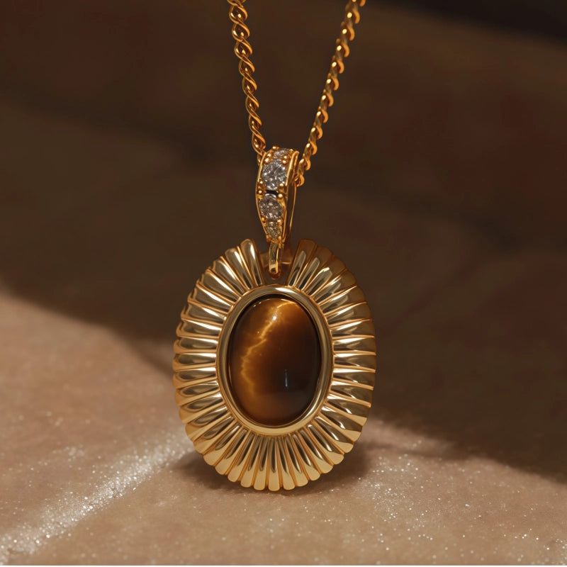 Collier en pierre naturelle Œil de tigre, chaîne pour femme vintage style Maillard
