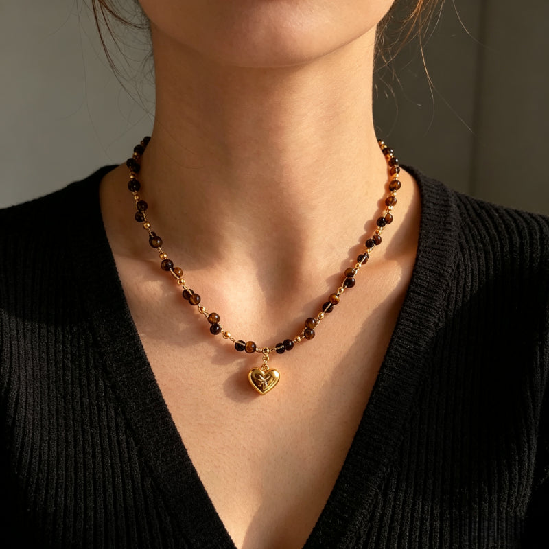 Natural Tiger Eye Stone Necklace — Spring Summer Double Layer Heart , A Gift for Your Beloved