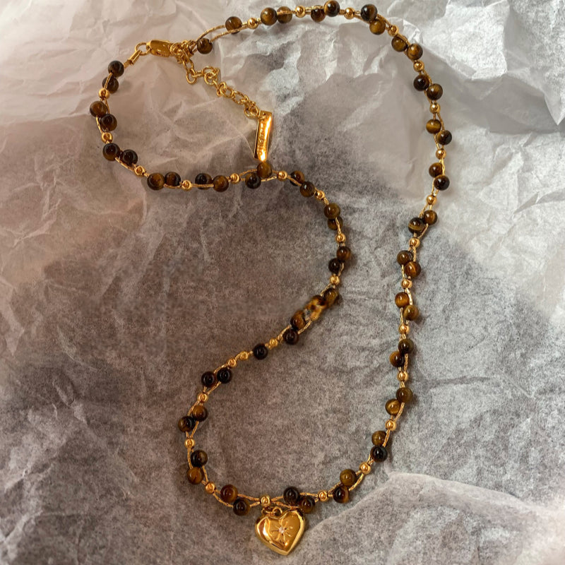 Natural Tiger Eye Stone Necklace — Spring Summer Double Layer Heart , A Gift for Your Beloved