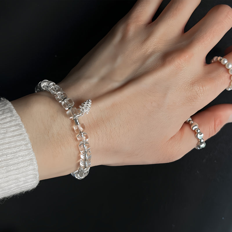 Natural White Crystal Pure Silver Pinecone Bracelet - Clarity, Calm, and Lasting Good Fortune