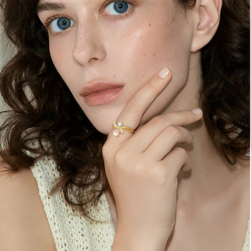 Bow Pearl Natural Rose Quartz Crystal Ring - Self-love First, Fortune Follows