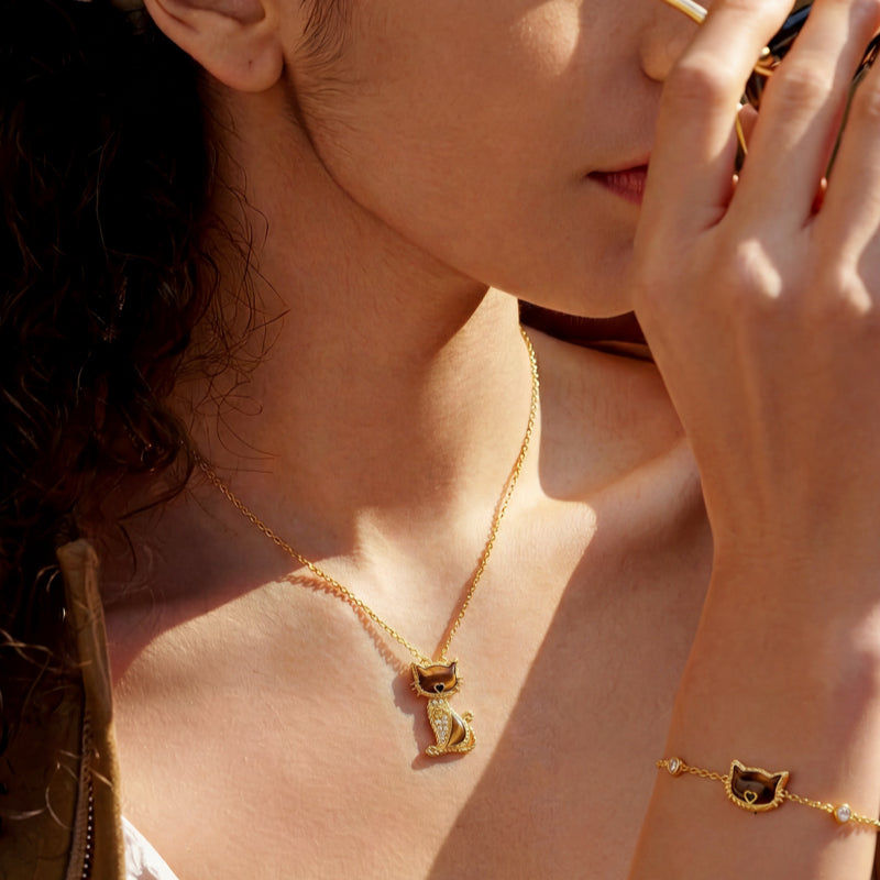 Collier en pierre naturelle Œil de tigre — Chat porte-bonheur pour votre bien-aimée