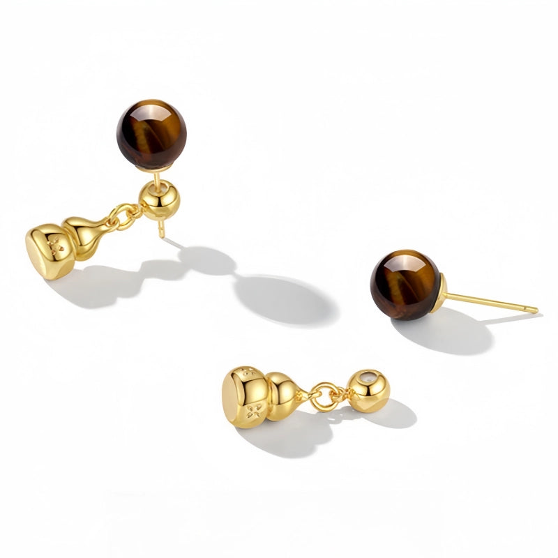 Boucles d'oreilles clous Gourde Dorée Oeil de Tigre — Bijoux Porte-Bonheur