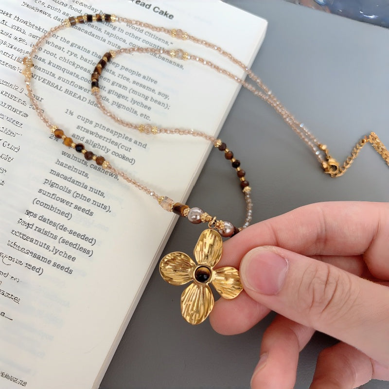Natural Tiger Eye Stone Necklace, Lucky Four-Leaf Clover Long Sweater