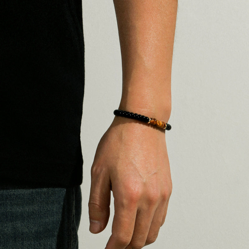Natural Flat Disc Black Onyx & Tiger Eye Bracelet for Men - Attract Wealth & Stabilize Career, Valentine Gift for Boyfriend