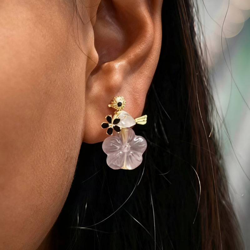 Boucles d'oreilles pendantes en quartz rose naturel Chuchotis de fleurs de cerisier