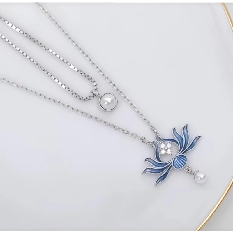 Enamel Blue Lotus Pearl Necklace - Tender Love & Peaceful Fortune