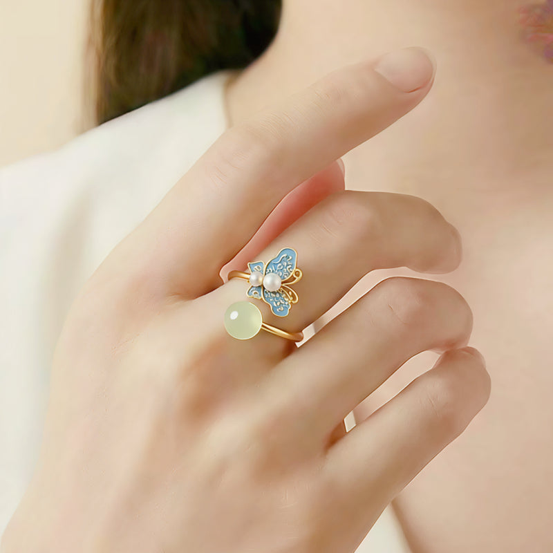 Hetian Jade Butterfly Enamel Pearl Ring – Wear Peace, Carry Fortune
