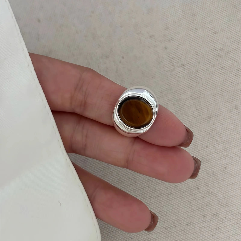 Natural Tiger Eye Stone Ring, Retro Artistic Open Mouth Women's Ring