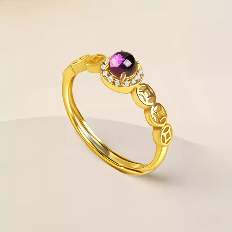 Natural Amethyst Coin Fortune Ring
